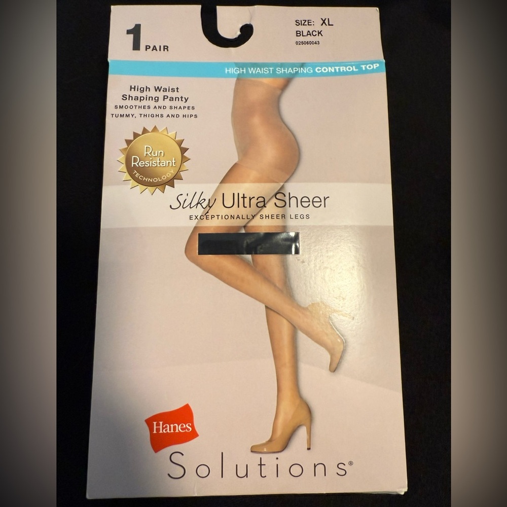Black Pantyhose Hanes Solutions Control Top Silky Ultra Sheer Shaping XL No Run